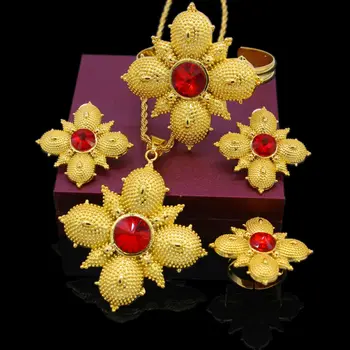 2017Ethiopian Šperky sady 24K Zlata Farba Crystal Náhrdelník/Náušnice/Náhrdelník/Náramok/Krúžkom Uprostred Noci/India Habesha Svadobné sety