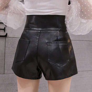 2020 jesenné a zimné kožené šortky žena nový kórejský vysoký pás širokú nohu, voľné riadok PU mäkké kožené nohavice