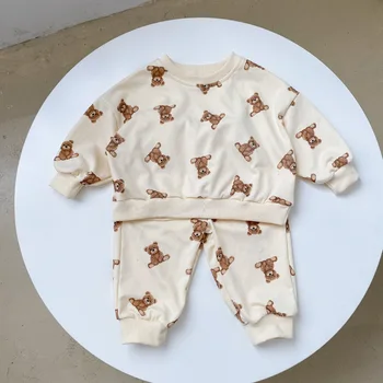 2021 Jeseň Nové Baby Bear Oblečenie Sady Chlapci Dlhý Rukáv Mikina Dievčatá Bežné Hárem Nohavice Vyhovovali Bavlna Deti Oblečenie Set Sa