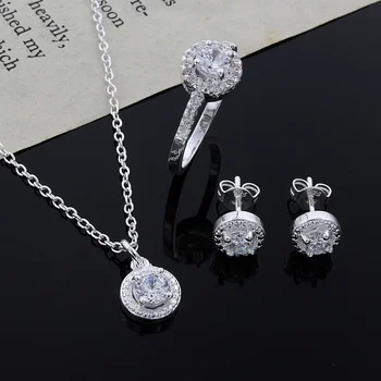 2022 Nové Módne Ženy Elegantný Lesklý Crystal 925 Strieborný Náhrdelník Náušnice Krúžok Šperky Set Ženy Strany Zirkón Vykladané Šperky Set