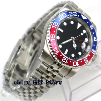 40 mm parnis black sterilné dial dátum GMT zafírové sklo automatické pánske hodinky