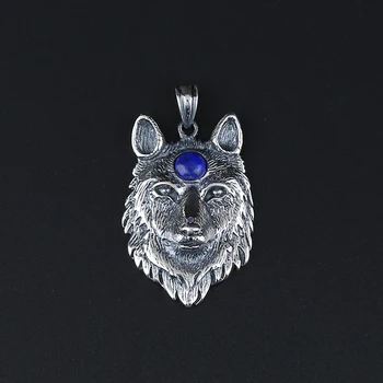 925 Silver S Prírodný Kameň Lapis Lazuli Vlk Hlavu Prívesok Perličiek 40x27x10mm 12.9 g Módnych Šperkov Náhrdelník Príslušenstvo