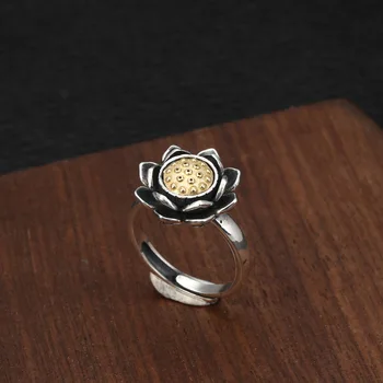 925 Sterling Silver Módne Malé Čerstvé Lotus Otáčania Krúžok Ženské Šperky Thai Striebro Otvoriť Nastaviteľný Krúžok Etnický Štýl Šperky
