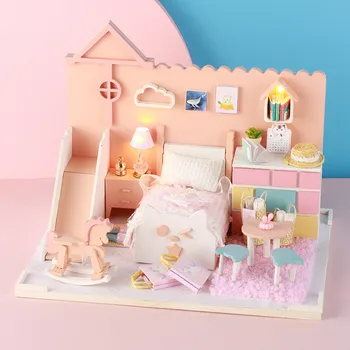 Diy Miniatúrne Dom Nábytku, 3D Dreva Lol Dom pre Dievčatá Gitfs Spálňa domček pre bábiky so Svetlom Nudiť Doma Diy Plavidlá Dekorácie