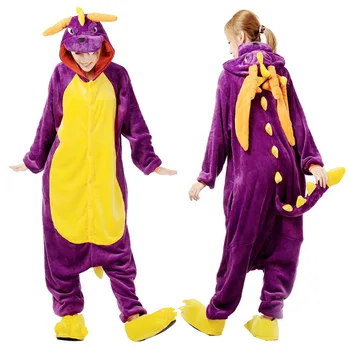Dospelých Fialová Dragon Dinosaura Kigurumi Onesie Ženy Zvierat Maškarný Kostým Mäkké Anime Cosplay Sleepwear Unisex Zimné Jumpsuit