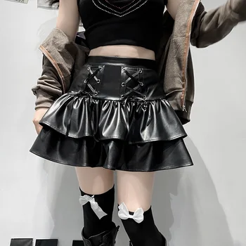 Kožené Skladaný Sukne y2k Goth Čiernej Čipky Mini Sukne, Vysoké strede zúžený Punk Retro Cosplay Sukne Ženy kórejský Dno