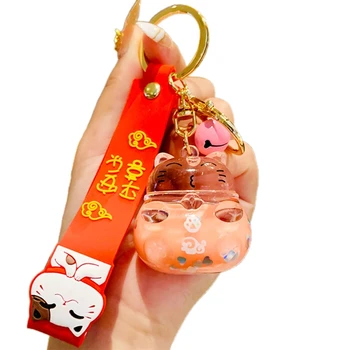 Kreatívne Cartoon Šťastie Mačka Kvapalina Olej Quicksand Keychain Roztomilý Maneki Neko Farebné Plávajúce Flitrami Crystal Akryl Keyring Taška
