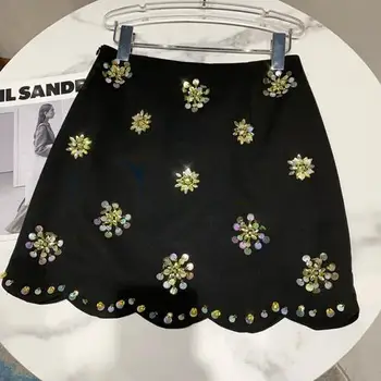 Mini Sukne Žena, Nové Ručné Drahokamu Kvet Korálkové Flitrami Lem Vlna Krátke Sukne Biela Čierna Lete 2021 Mujer