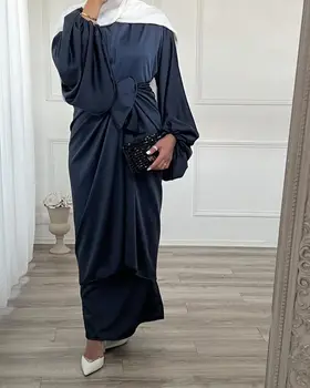 Moslimské Ženy Dubaj Islamské Oblečenie Ramadánu 2 Kus Hodvábny Satén Abaya Šaty s Zábal Predné Sukne arabčina Dlhé Šaty, Hidžáb