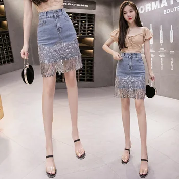 Móda bodycon džínsy, sukne krátke sukne ženy jar leto kórejský štýl vysoký pás sequin strany sexy strapec denim ženské sukne