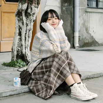 Nový Kórejský Módne Oblečenie Harajuku Jeseň Zima Ženy Midi Sukne S Vysokým Pásom Koberčeky Žena Streetwear Elegantné Dlhé Sukne