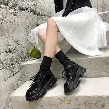Platforma Topánky Patent Kožené Členkové Topánky Žena Platformu Punk Zapatos De Mujer Módne Čierne Platformy Robustný Pohodlné Topánky Lady