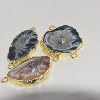Prírodné Plátok Geode Druzy Kameň Konektory pre ženy Šperky čo 2020 zlatenie Šedá Diera onyx Vintage poľský drahých kameňov