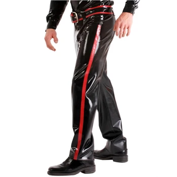 Ručne vyrábané pánske black voľné latex dlhé nohavice(vrátane pásu) s červenými strane pruhy dekorácie