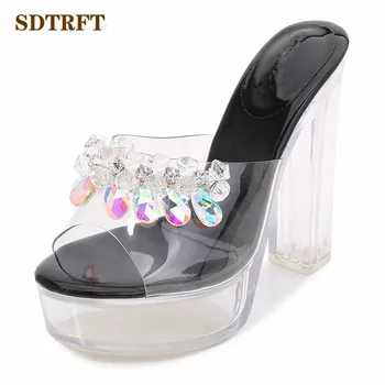 SDTRFT Letné dámske nočný klub topánky žena sandále Transparentné Platformu Sexy 13 cm Hrubé Vysoké Podpätky Pearl diamond Cosplay Črievičku