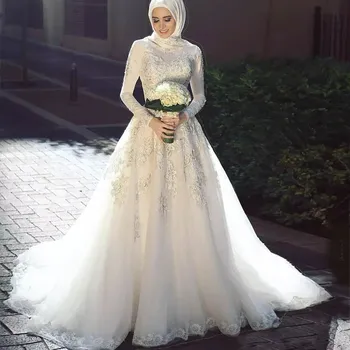 Vestido De Noiva 2020 Elegantný Dlhý Rukáv O Krk Moslimských Svadobné Šaty Tylu Zips Späť Čipky Islamskej Svadobné Šaty s Šatku