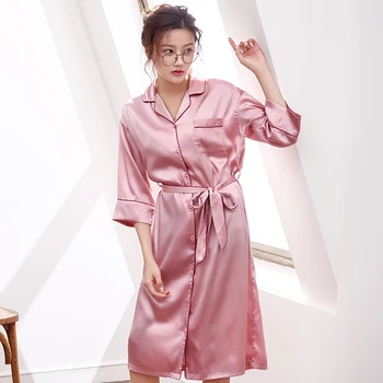 Vysoko kvalitné Reálne Hodváb Nightgown Ženy Veľké Metrov Sleepshirt Sedem-quarter Sleeve Turndown Odev Sleepwear Cardigan Nightdress