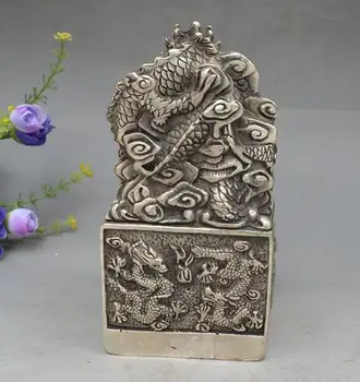 Čína zber archaize bielej medi deväť imperial dragon jade tesnenie socha