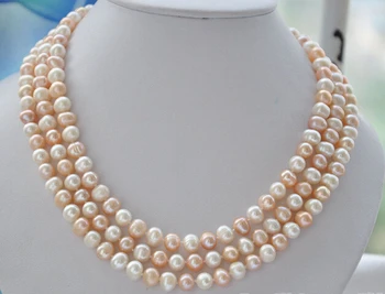 ženy dobré ZADARMO SHIPPINGNATURAL 3strands 8 mm biele, ružové a okrúhle sladkovodných kultivovaných perlový náhrdelník Z5304 (A0501)