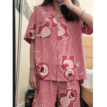 Ženy Letné Pyžamo Vyhovuje Ružová Roztomilý Domov Pohodlné Krásne Dievčatá Sleepwear Nastaviť Bear In Vonkajšie Dva Kusy kvalitných Kawaii