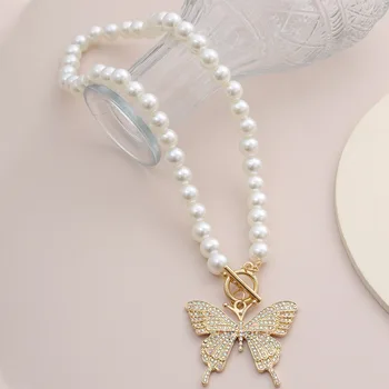 2019 Trend Ornament Retro Motýľ Micro Pave Náhrdelník Žena Pearl Jednej Zliatiny Náhrdelníky Dropshipping