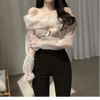 2022 Jar Lístkového Rukáv Off-ramenný Topy Ženy kórejský Štýl Slim Vintage Solid Farba Blúzky Elegantné Jeseň Bežné Blusas Mujer