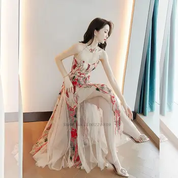 2022 tradičné moderné cheongsam šaty bez rukávov šifón qipao večerné šaty kvetina tlače qipao party šaty orientálna qipao
