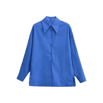 2022 zimné nové dámske street style klope dlhým rukávom Klein modrá bavlna, single-row multi-tlačidlo tričko