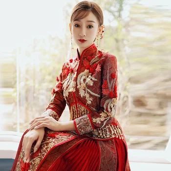 2022 čínske svadobné šaty qipao štýl čínske červené výšivky elegantné svadobné šaty pre ženy g113