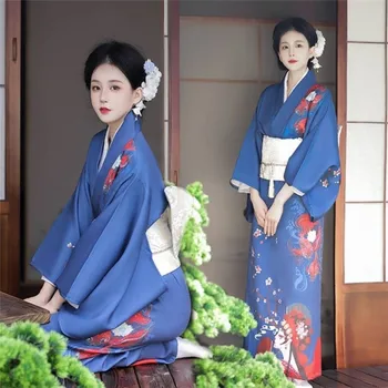 2022 Ženy Japonskom Štýle Kimono S Obi Vintage Kvetinový Fantázie Nosenie Fáze Show Cosplay Kostým Yukata Tradičné Dlhé Župan