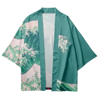2023 Vlny Tlač Tradičné Kimono Muži Ženy Cosplay Cardigan Yukata Tričko Japonský Samuraj Zelená Haori Plus Veľkosti 4XL 5XL 6XL