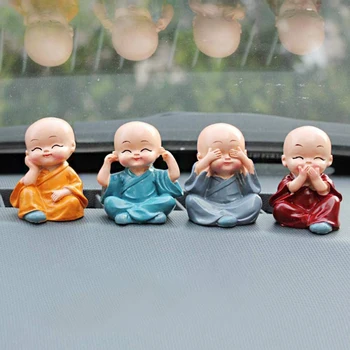 4 Kus Auta Mních Figúrky, Malé Živice Socha, Múdry Buddha Bábiky na Auto, Interiér Displej Ornament pre Domáce Kancelárie Interiéru Vozidla