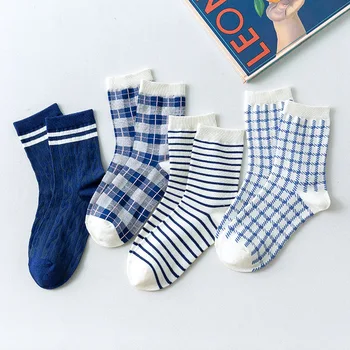 4 Páry Veľa Žien Ponožky, Bavlnené Biele Modré Kockované Dámy Ponožky Dievčatá Houndstooth Skontrolujte Pruhované Ponožky Mriežky Ponožka Vintage Meias