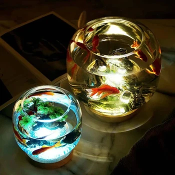 Akvárium tvorivé malé okrúhle sklenené akvárium ekologické rybka základňu tank osvetlenie boj ryby nádrž akvárium príslušenstvo 5V,