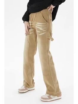 Americký Khaki Vintage Neforemné Džínsy Ženy 90. rokov Streetwear Vrecká Širokú Nohu Cargo Nohavice Vysoký Pás Rovné Denim Nohavice 2022 Nové