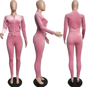 Bangniweigou Jeseň Zima Velúrové Nastaviť Ženy Zip Bunda + Skinny Nohavice Pevné Oblečenie High Street Dve Kus Sady Plus Veľkosť 2021