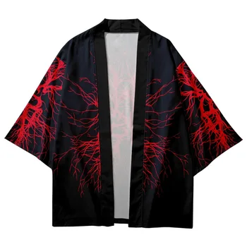 Bežné Cardigan Cosplay Haori Ázia Oblečenie Tradičné Streetwear Červená Korene Stromov, Tlač Kimono Mužov Japonský Pláži Yukata Ženy
