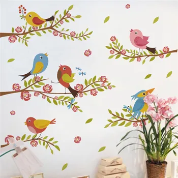 Cartoon Krásny Vták Pobočky birdcage samolepky na stenu pre deti izby, obývacej izby, spálne, okno, stenu nástenná maľba umenie plagátu