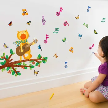 Cartoon mačiatko spev stenu, Vinylové nálepky DIY mačka stenu detskej izby hudby triede zvuk obchod obchod dekor nálepky