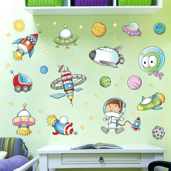 Cartoon Priestor Astronaut stenu, nálepky deti miestnosti Vesmíru, Planéty, Galaxie Raketovú loď dekoratívne wallstickers diy tapety