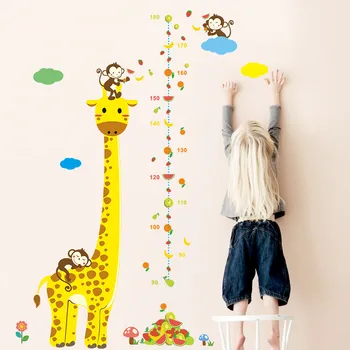Cartoon žirafa opice výška opatrenie samolepky na stenu pre deti izby výška graf pravítko stenu škôlky domova