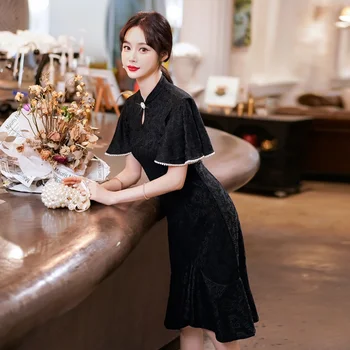 Cheongsam Čipky Šaty pre Ženy, Nový Módny Moderný Trend Letné Čierne Krátke Rukáv Qipao Tradičné Čínske Oblečenie