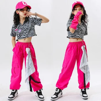 Deti, Dospievajúci Kpop Hip Hop Oblečenie Plodín Top Zebra T Shirt Bežné Streetwear Cargo Nohavice Pre Dievča Jazz Tanečných Kostýmov, Šiat