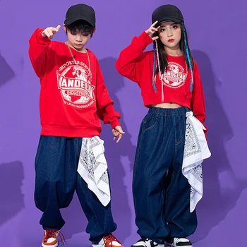 Deti Jazz Tanečné Kostýmy Pre Deti Červená Mikina Voľné Nohavice Streetwear Chlapci Sála Hip Hop Dance Rave Oblečenie DQS11019