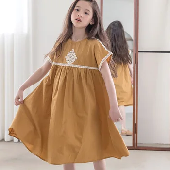 Dievčenské Šaty kórejský Bavlny, Konope Vystrihnúť Výšivky, Čipky Panel Čerstvé a Jednoduché Zázvor Žltá Stredne Dlhé Šaty 2021 Nové Letné