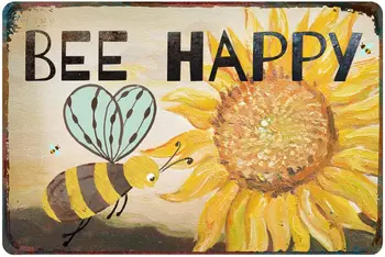Dizajn Retro Kovov Cín Prihlásiť Vintage Slnečnice Bee Happy 12x8 Palcový Sun Flower Krajiny Farmy Kuchynské Nástenné Domova 20x30cm Plagát