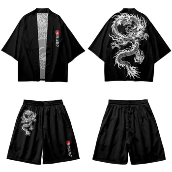 Dragon Vytlačené Čierne Biele Pár Ženy Muži Japonské Kimono Príležitostné Voľné Cardigan A Plážové Šortky Nastaviť Ázijské Oblečenie Harajuku