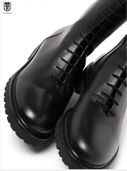 FR.LANCELOT nové kolená vysoké mužov reálnom kožené topánky Britský štýl mužov polovica topánky šnurovacie mujer bota silné päty topánky