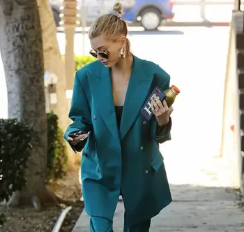 Hailey Baldwin Módne 2020 Dizajnér Bunda dámske Dvojité Breasted Voľné Bežné Modrá Vonkajšie Nosiť Sako Topy Kabát