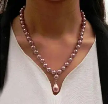 Jedinečný Pearl Šperky Pre Ženy 8mm Kolo Perličiek Fialová Prírodné South Sea Shell Perly 12 mm Prívesok Náhrdelník Strany Vianočný Darček